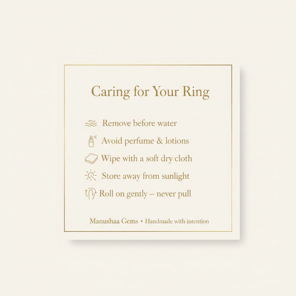 Care instructions card for green aventurine and freshwater pearl stretch ring – Manushaa Gems