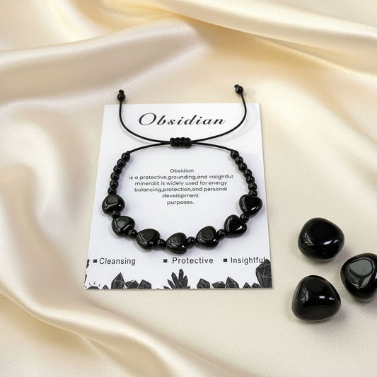 Black Obsidian heart-shaped gemstone bracelet with adjustable slider — glossy black protection crystal, Manushaa Gems UK