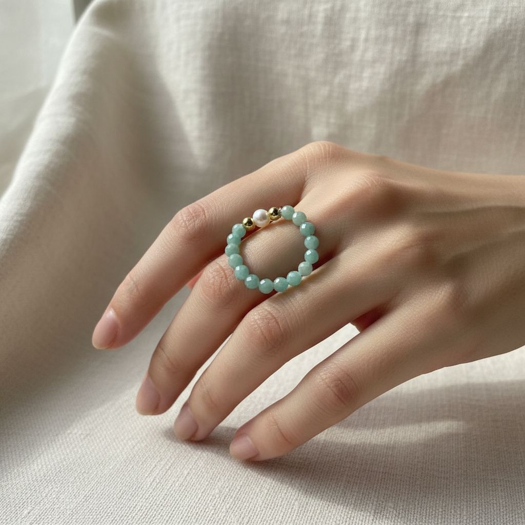 Woman's hand wearing amazonite and freshwater pearl stretch ring in soft daylight – Manushaa Gems