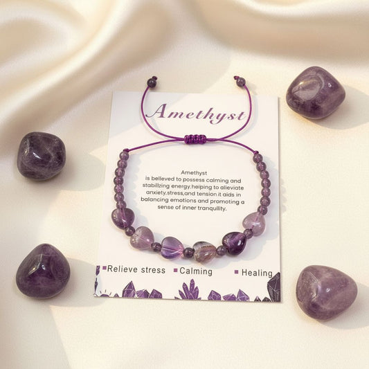 Amethyst heart-shaped gemstone bracelet with adjustable slider — violet calming crystal, Manushaa Gems UK