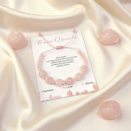 Rose Quartz heart-shaped gemstone bracelet with adjustable slider — blush pink love crystal, Manushaa Gems UK