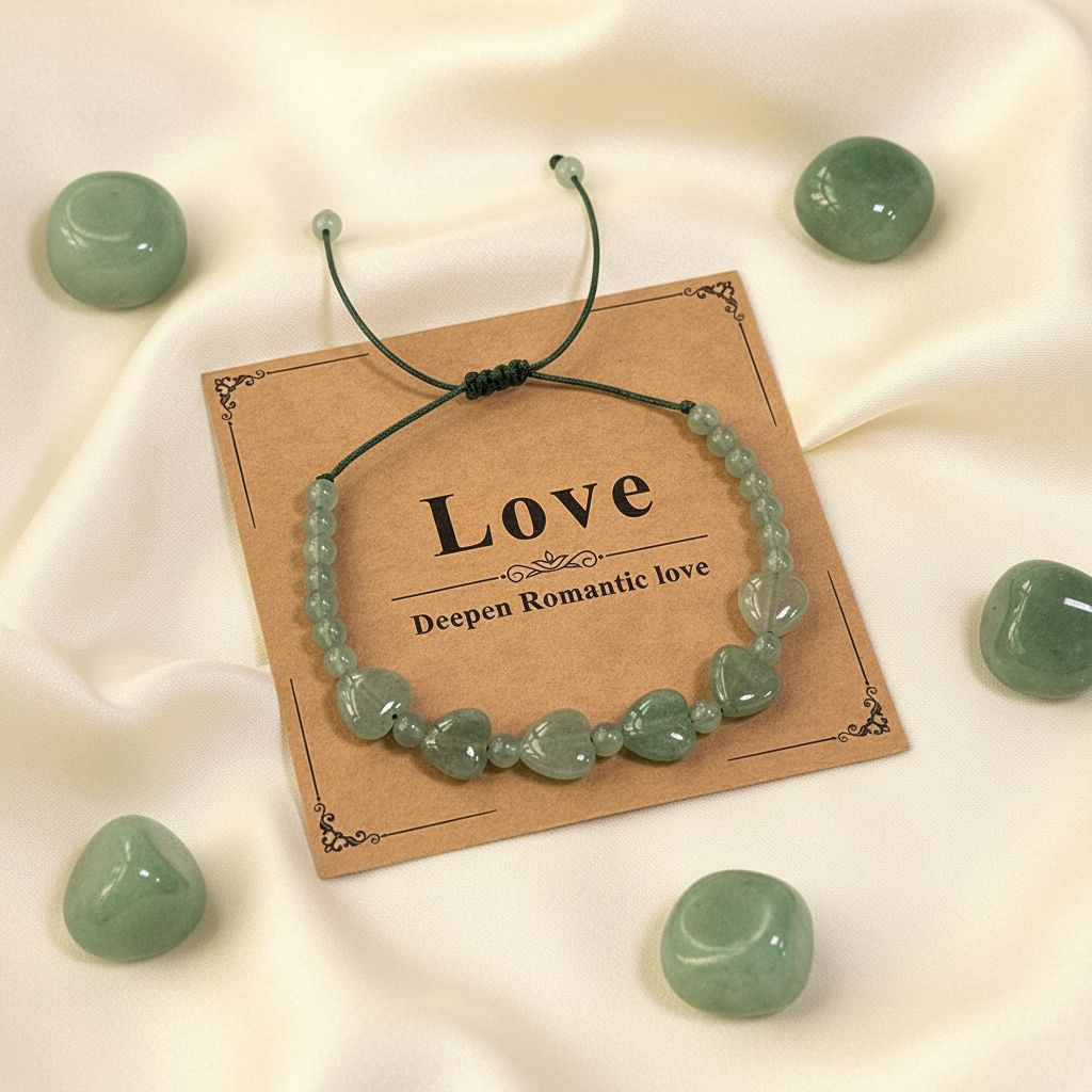 Green Aventurine Crystal Love Bracelet with heart-shaped stones and Love Card - Manushaa Gems UK