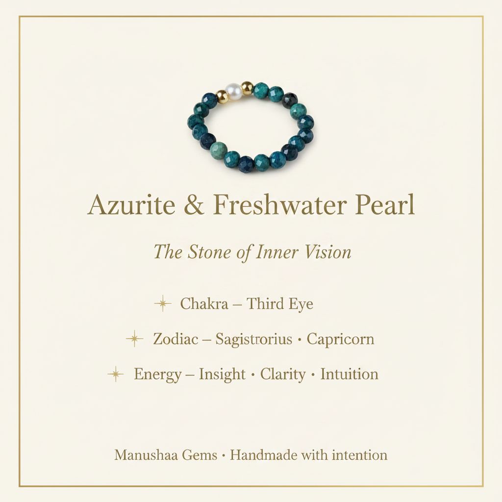 Azurite and freshwater pearl ring crystal meaning infographic – third eye chakra, inner vision – Manushaa Gems