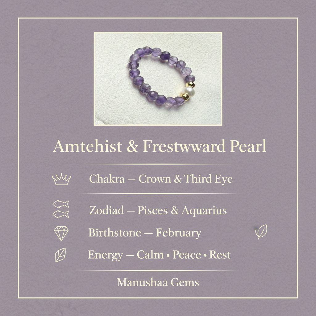 Amethyst and freshwater pearl ring crystal meaning infographic – chakra, zodiac, February birthstone – Manushaa Gems